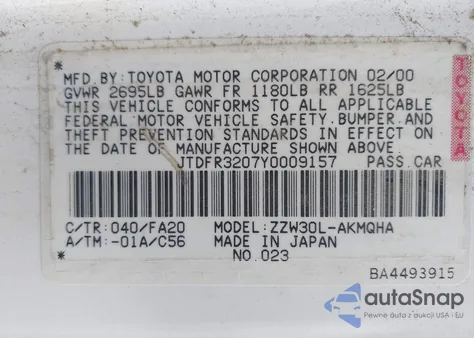 2000 Toyota Mr2 Spyder from USA, damaged, VIN JTDFR3207Y0009157